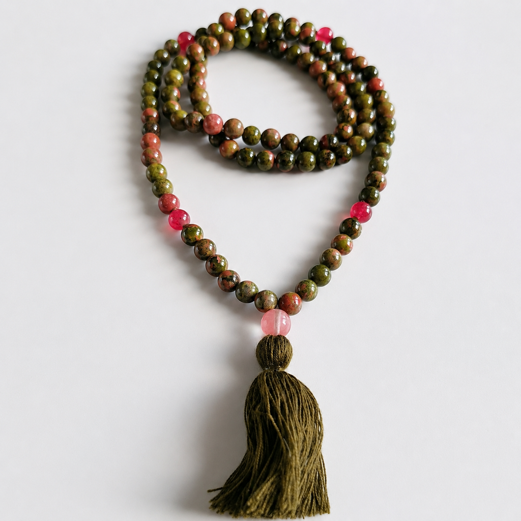 Mala de Méditation en Unakite & Perles Roses